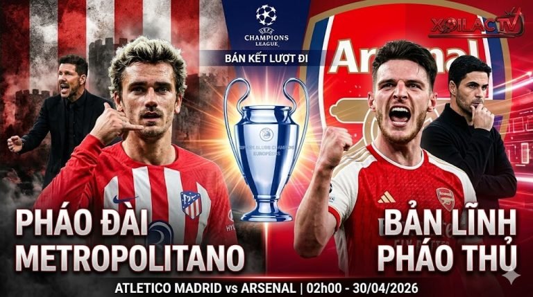 Banner đồ họa trận Atletico Madrid vs Arsenal Cúp C1 trên Xoilac TV. Bên trái là Griezmann và Simeone với chữ "PHÁO ĐÀI METROPOLITANO". Bên phải là Rice và Arteta với chữ "BẢN LĨNH PHÁO THỦ". Giữa là cúp C1 và thông tin trận đấu ngày 30/04/2026.