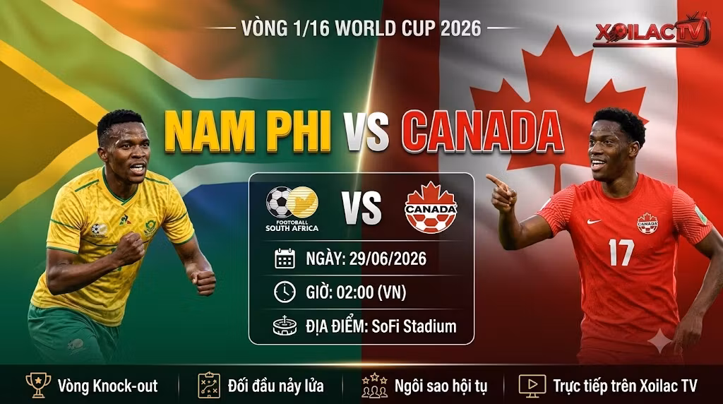 Ảnh bìa nhận định và trực tiếp bóng đá trận Nam Phi vs Canada vòng 1/16 World Cup 2026 chất lượng cao trên Xoilac TV.