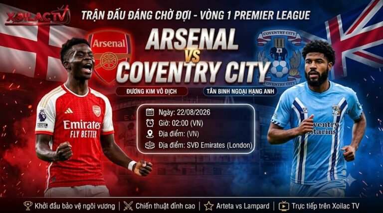 Ảnh poster nhận định, soi kèo trận đấu Arsenal vs Coventry City lúc 02h00 ngày 22/08/2026 vòng 1 Ngoại hạng Anh cập nhật tại Xoilac TV.
