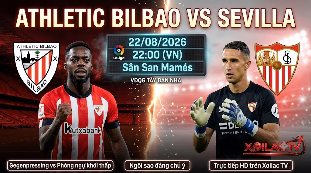 Nhận định bóng đá trận Athletic Bilbao vs Sevilla lúc 22h00 ngày 22/08/2026 chi tiết trên Xoilac TV.