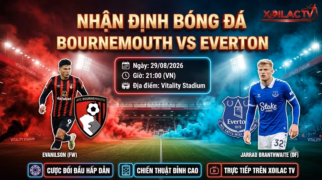 Nhận định soi kèo trận đấu Bournemouth vs Everton lúc 21h00 ngày 29/08/2026 chi tiết trên hệ thống Xoilac TV.