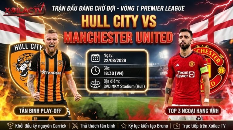 Ảnh poster nhận định, soi kèo trận đấu Hull City vs Manchester United lúc 18h30 ngày 22/08/2026 vòng 1 Ngoại hạng Anh cập nhật tại Xoilac TV.