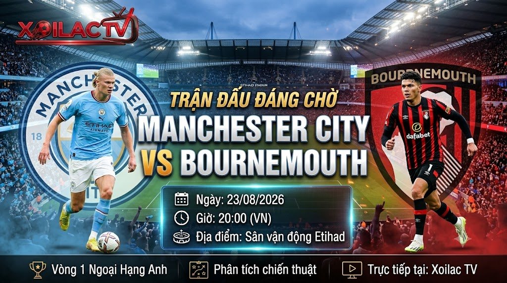 Nhận định, soi kèo trận đấu Man City vs Bournemouth 20h00 ngày 23/08/2026 vòng 1 Ngoại Hạng Anh trên Xoilac TV.