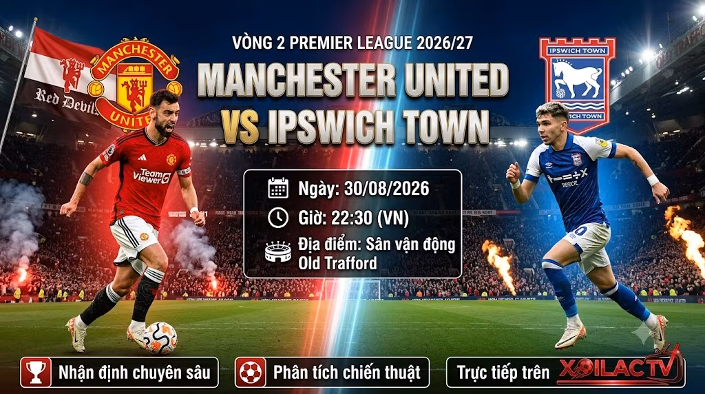 Ảnh bìa nhận định trận đấu MU vs Ipswich lúc 22h30 ngày 30/08 vòng 2 Ngoại hạng Anh 2026/27.