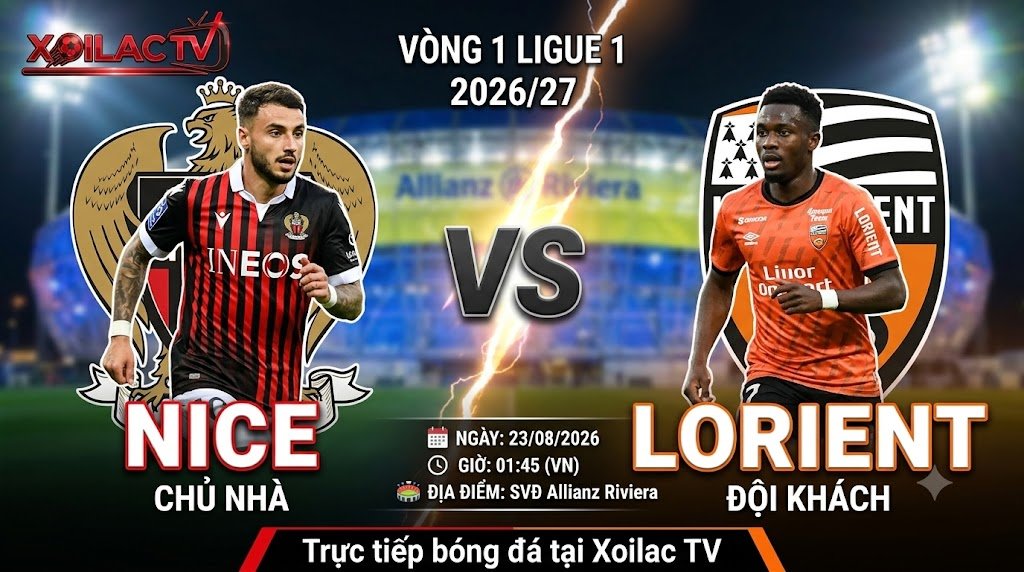 Ảnh bìa nhận định trận đấu Nice vs Lorient vòng 1 Ligue 1 mùa giải 2026/27 xem trực tiếp tại Xoilac TV