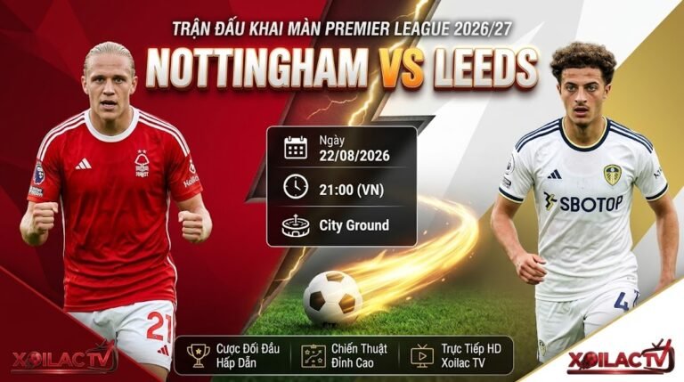 Nhận định soi kèo trận đấu Nottingham vs Leeds lúc 21h00 ngày 22/08/2026 vòng 1 Ngoại hạng Anh trên Xoilac TV.