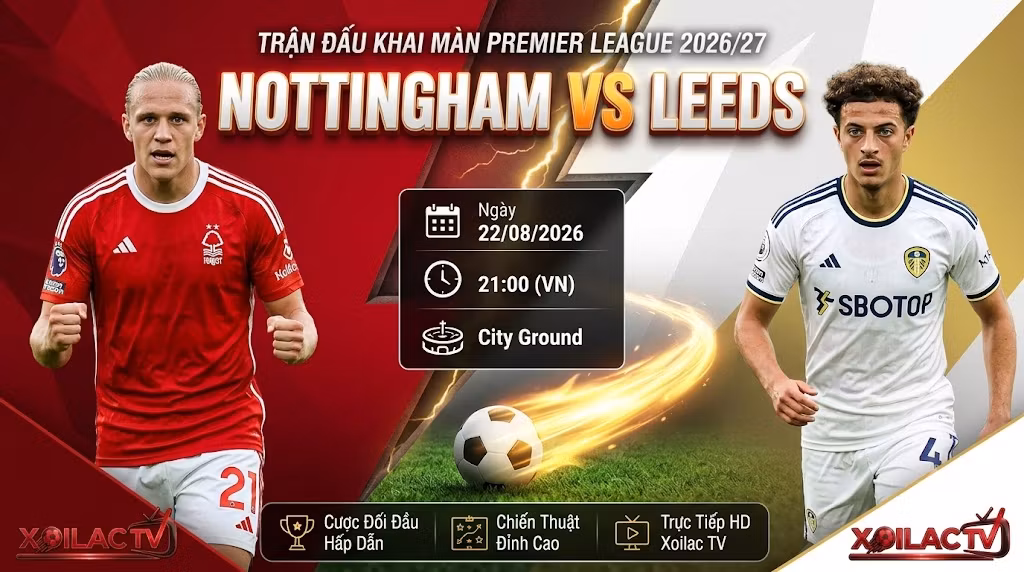 Nhận định soi kèo trận đấu Nottingham vs Leeds lúc 21h00 ngày 22/08/2026 vòng 1 Ngoại hạng Anh trên Xoilac TV.