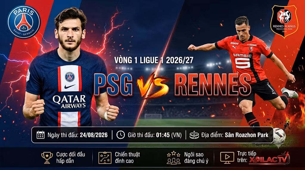 Nhận định soi kèo trận PSG vs Rennes vòng 1 Ligue 1 2026/27, xem trực tiếp bóng đá tốc độ cao trên Xoilac TV.