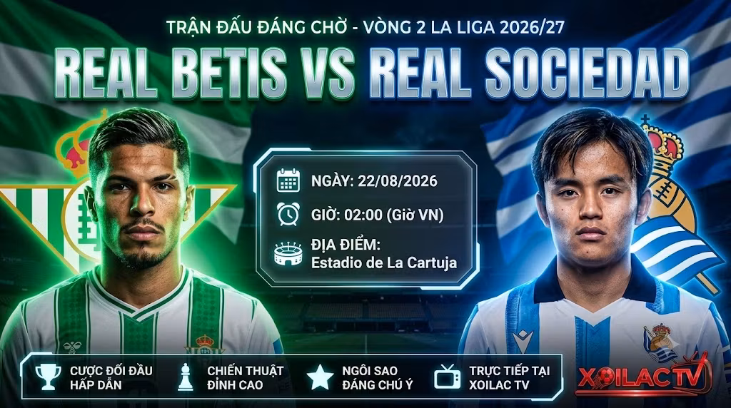 Ảnh bìa nhận định bóng đá, soi kèo trận đấu giữa Real Betis vs Real Sociedad lúc 02h00 ngày 22/08 vòng 2 La Liga trên nền tảng Xoilac TV.