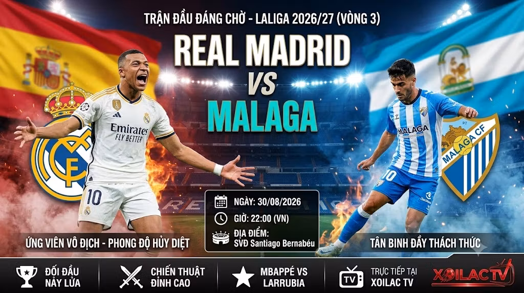 Poster nhận định trận đấu giữa Real Madrid vs Malaga vòng 3 La Liga 2026 trên Xoilac TV