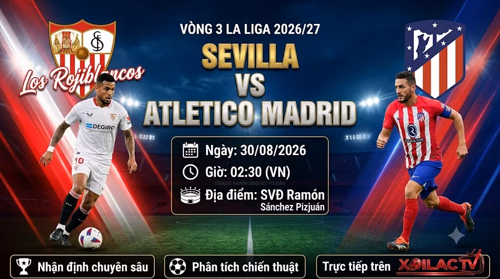Ảnh bìa nhận định, soi kèo trận đấu Sevilla vs Atletico Madrid lúc 02h30 ngày 30/08 vòng 3 La Liga 2026/27.