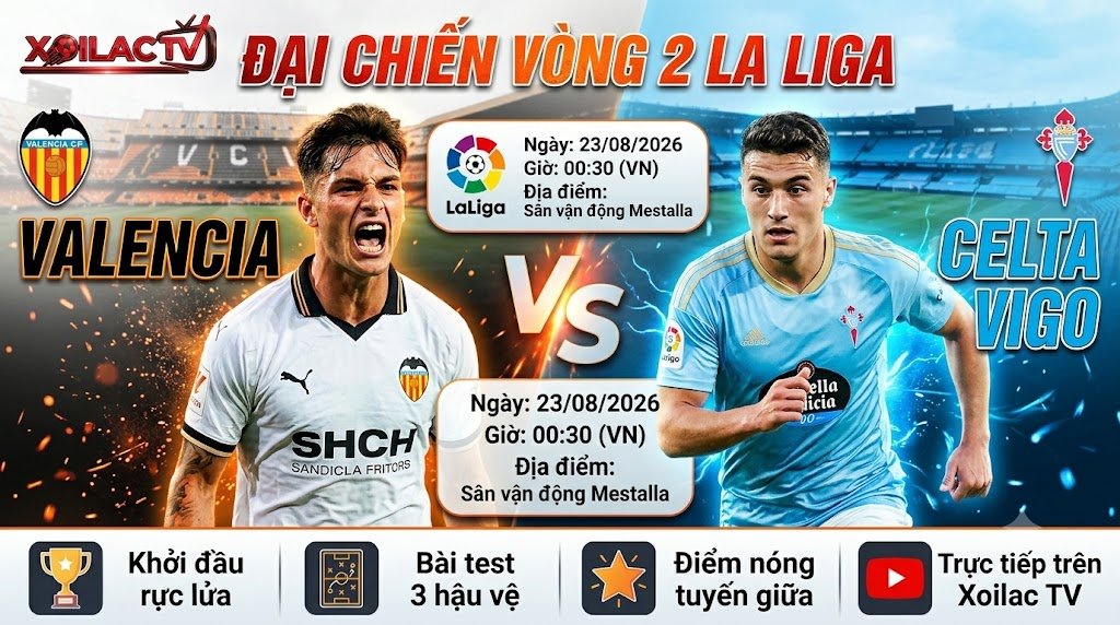 Nhận định trực tiếp trận đấu Valencia vs Celta Vigo vòng 2 La Liga 2026. Xem bóng đá siêu mượt, không giật lag trên hệ thống Xoilac TV.