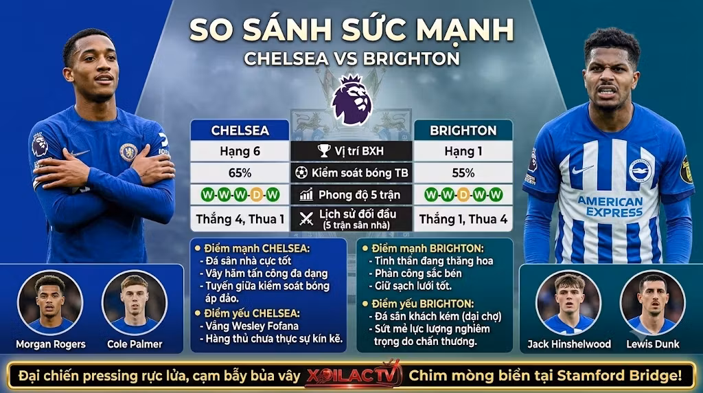Bảng thống kê so sánh sức mạnh, phong độ và lịch sử đối đầu giữa Chelsea và Brighton phục vụ nhận định soi kèo.